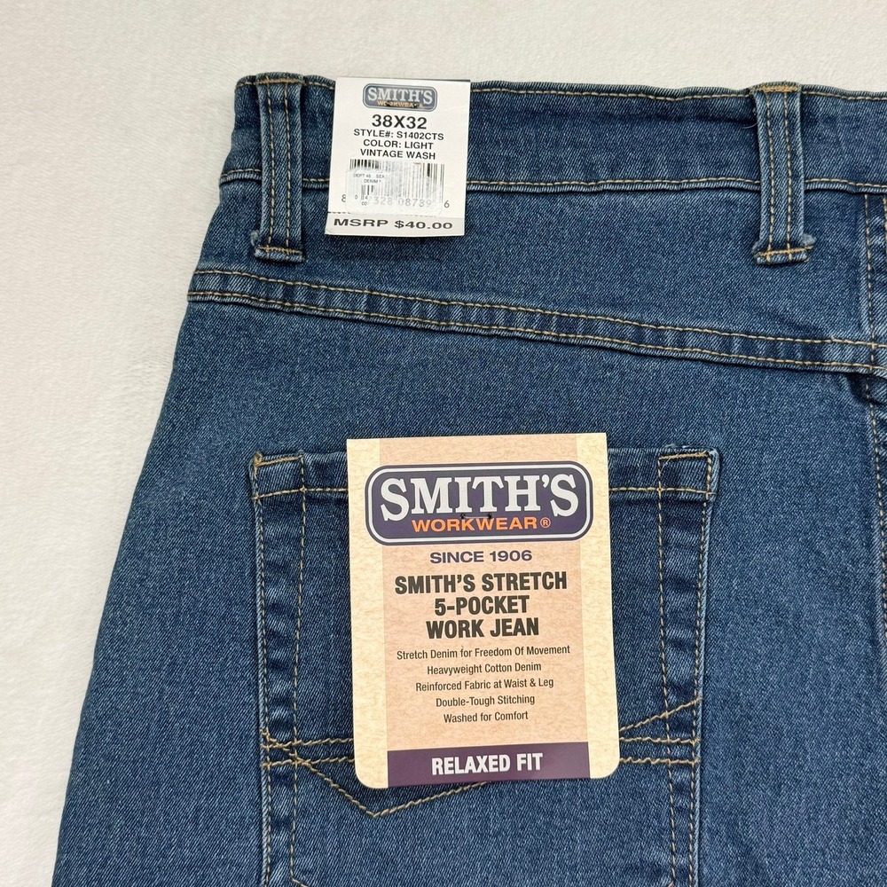 Smiths Workwear Mens Relaxed Fit Stretch Work Jeans Light Vintage Wash 38x32 - Picture 6 of 12